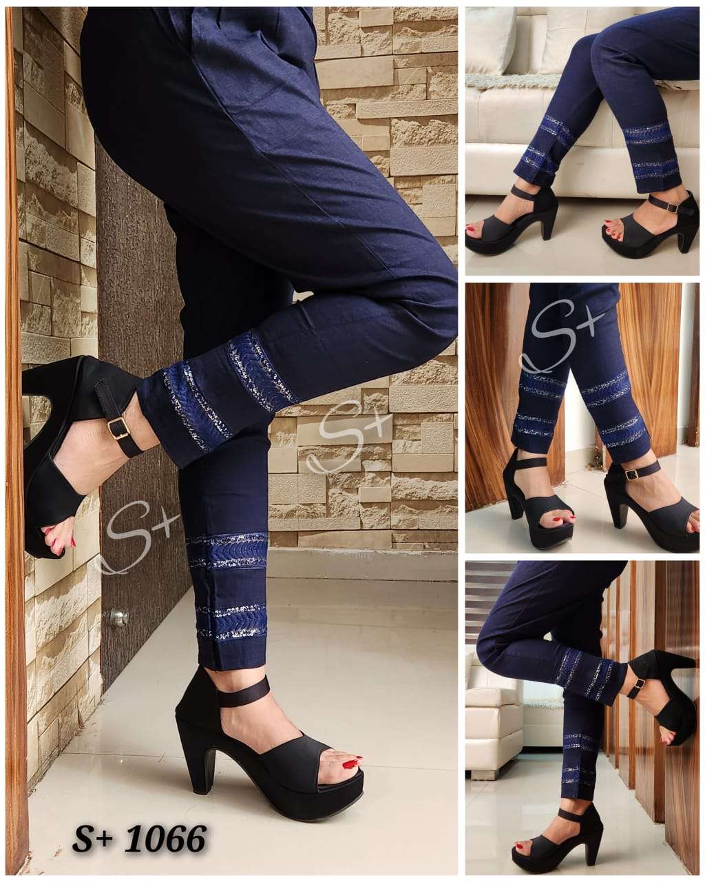 S+1066  FANCY & DESIGNER COTTON LYCRA STRETCHABLE PANT WITH SEQUENCE WORK EMBROIDERY & POCKETS